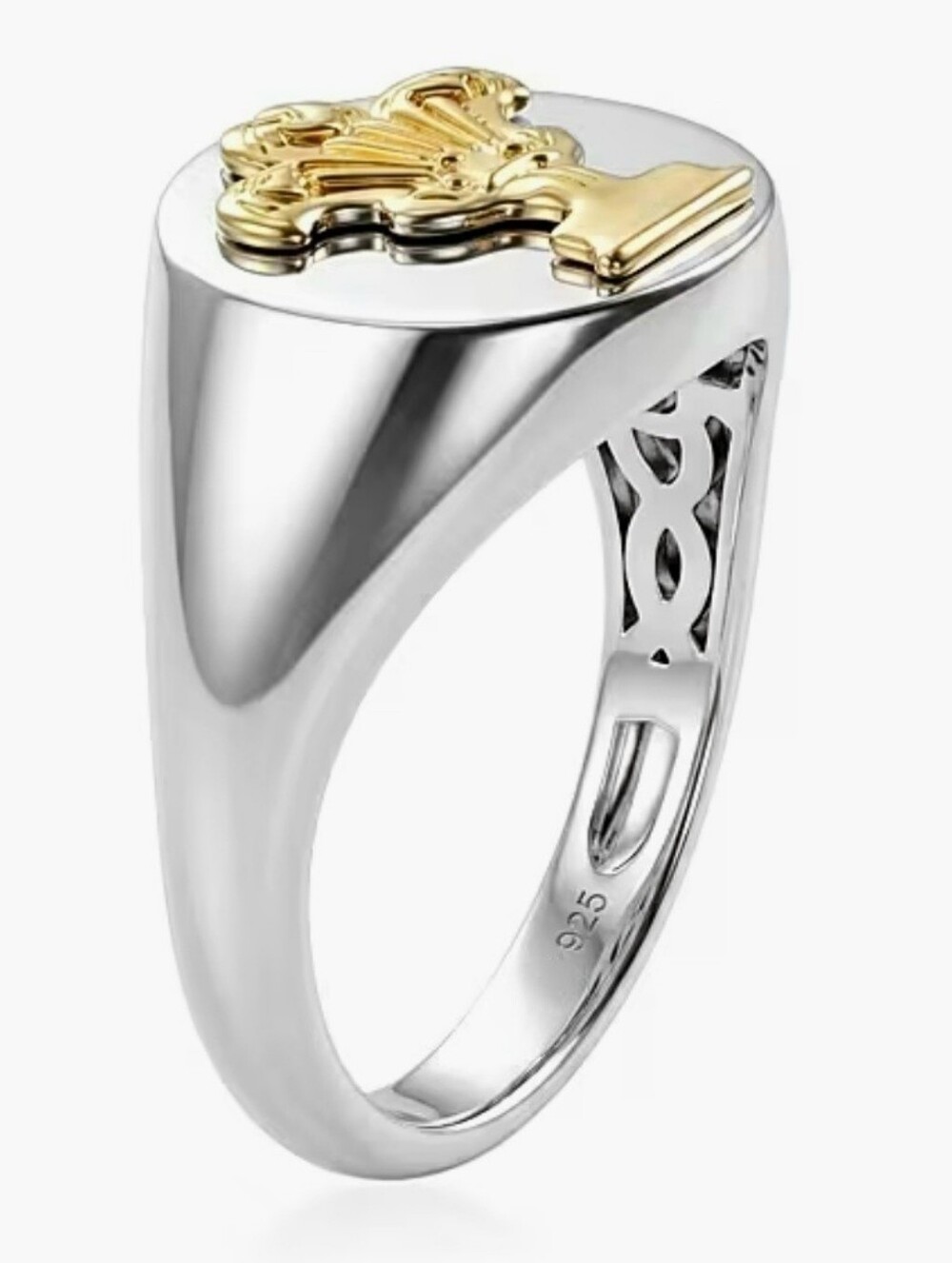 Rhodium & 14K YG Over Sterling Silver "Three Feathers" Signet Ring (Size 7.0) - Picture 3 of 5